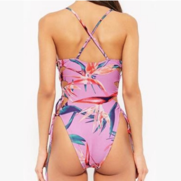 NEW Floral Cutout Tie Lace Up One Piece Swimsuit - Picture 4 of 9